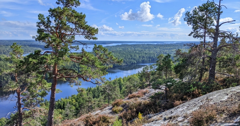 Blick von einem Bergrücken auf eine Seenlandschaft in Schweden, Sörknatten